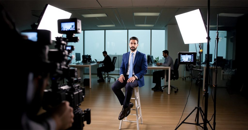 Corporate video production crew recording brand story in a studio