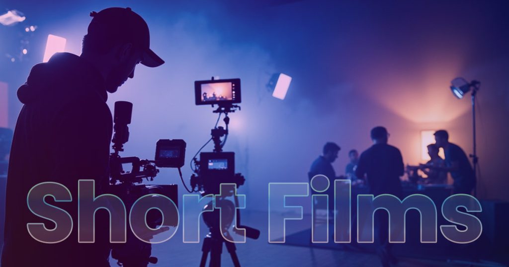 Filmmaker shooting a short film with camera and crew following step-by-step production guide