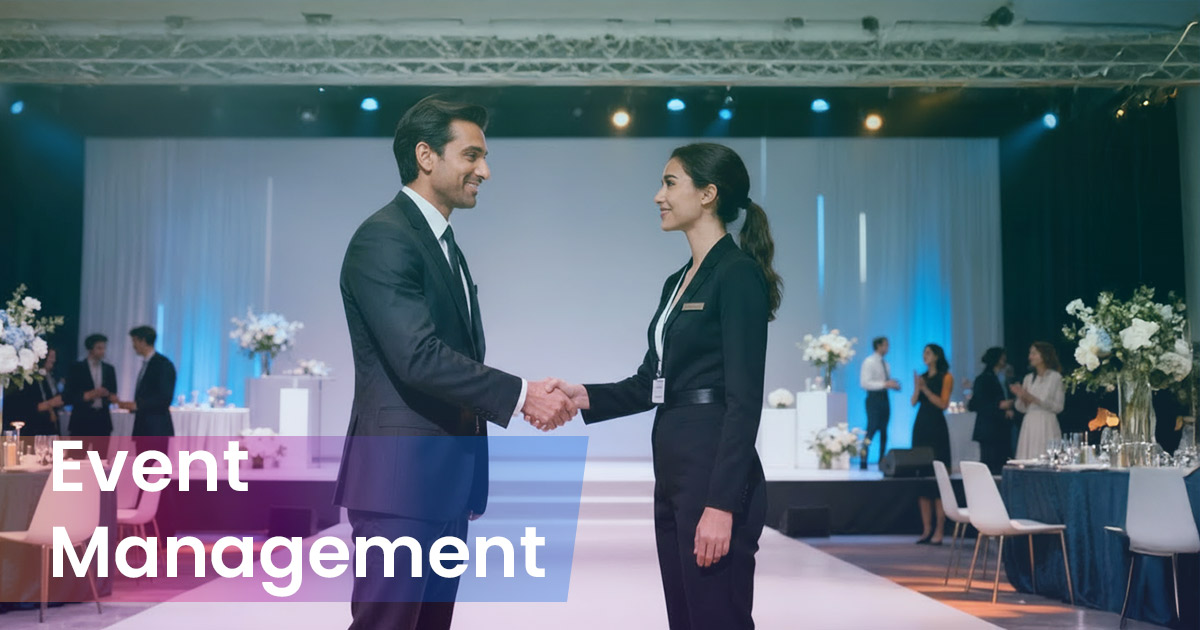 Event management company team organizing a corporate event with stage setup and audience engagement