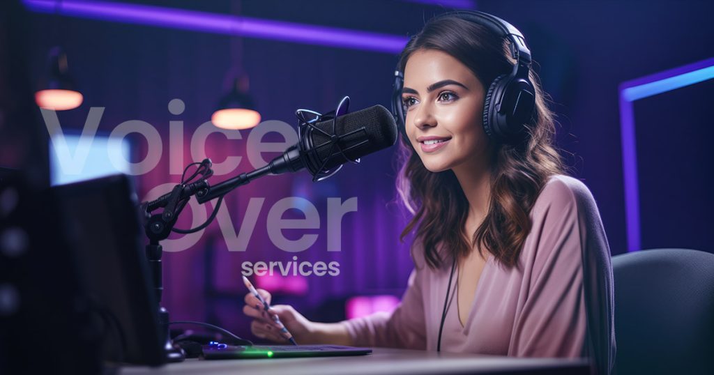 Professional voice over artist recording audio content for business marketing and branding