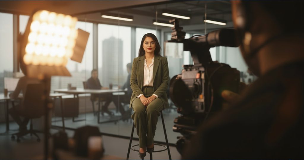 Team shooting a corporate film in a professional studio for a top Indian production company