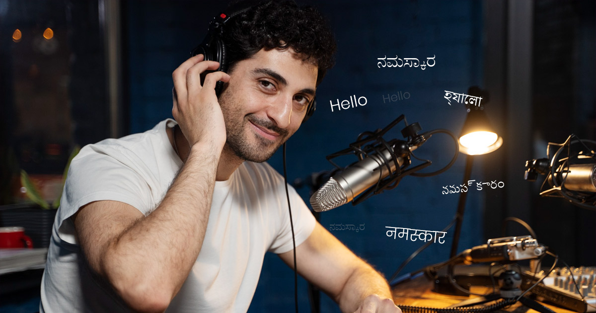 Voice-over artist recording localized audio for a marketing campaign in a professional studio