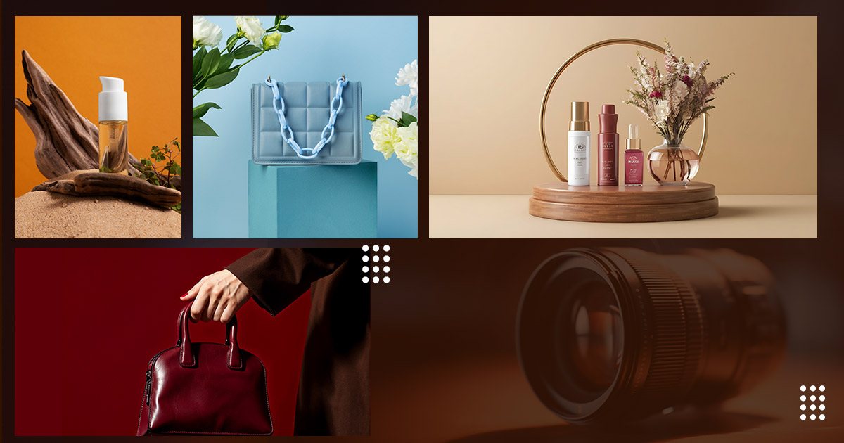 Clean e-commerce product photography setup showing branded products, props, and studio lighting