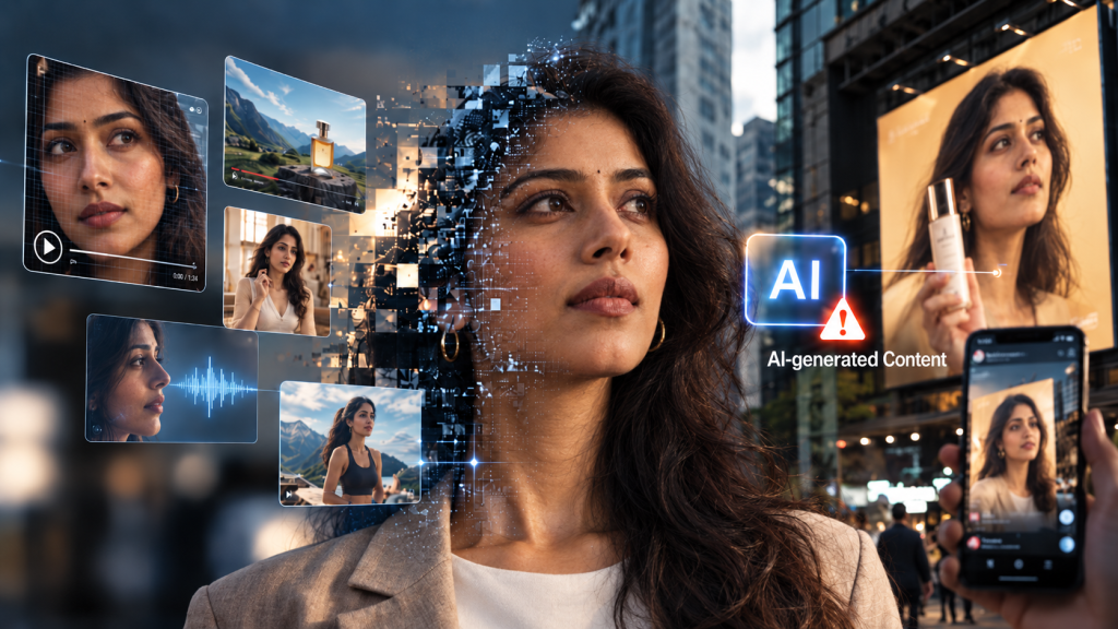 Indian woman depicted across AI-generated advertising formats, including digital screens, video, audio and social media, with an AI-generated content disclosure label.