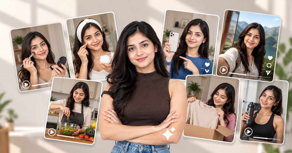 A woman surrounded by creator-style videos showcasing beauty, skincare, lifestyle, cooking, fashion and fitness content, illustrating the role of AI UGC in comparison to real creator content.