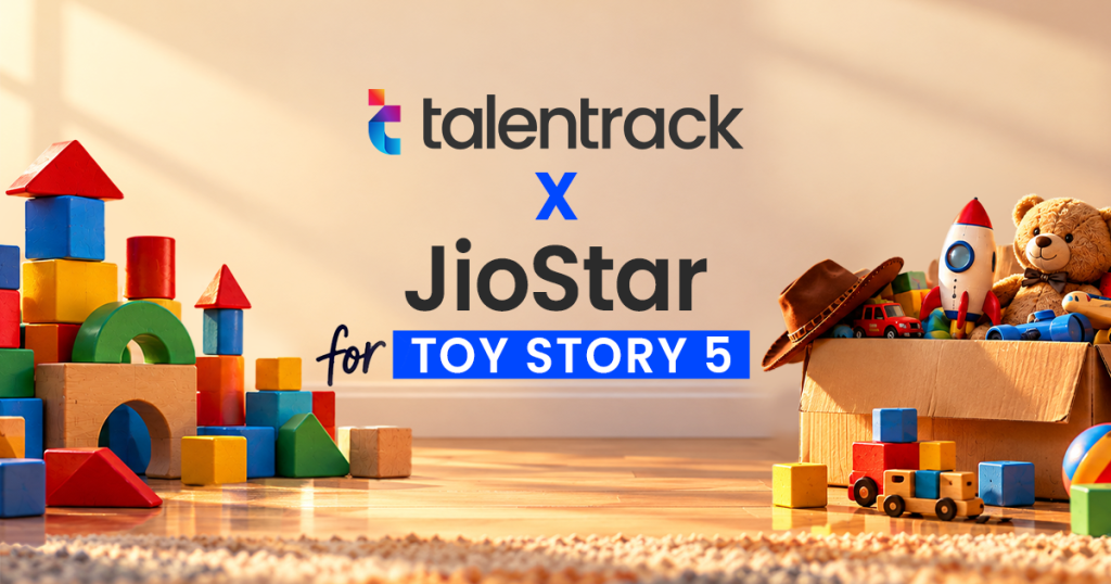 Talentrack and JioStar collaboration cover for Toy Story 5, featuring colourful toys, building blocks and a toy-filled box against a warm, playful backdrop.